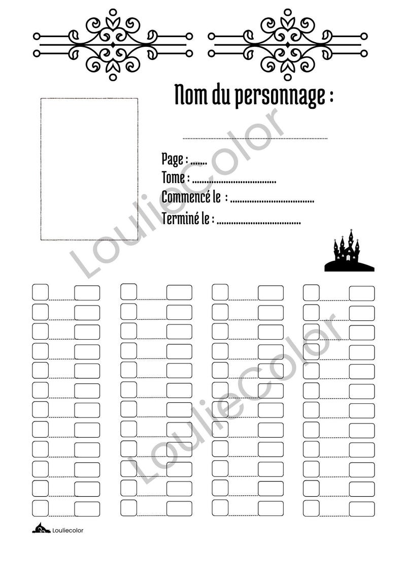 K&ouml;nnte beinhalten: Ein schwarz-wei&szlig;es, druckbares Charakter-Tracking-Blatt mit einer dekorativen Kopfzeile, einem rechteckigen Feld f&uuml;r ein Bild und Textfeldern f&uuml;r Nom du personnage, Page, Tome, Commenc&eacute; le und Termin&eacute; le. Darunter befinden sich Spalten mit leeren K&auml;stchen.