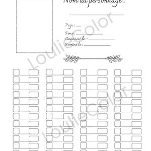 K&ouml;nnte beinhalten: Ein schwarz-wei&szlig;es Charakter-Tracking-Blatt mit einem rechteckigen Feld f&uuml;r eine Illustration, dem Text Nom du personnage, Page, Tome, Commenc&eacute; le und Termin&eacute; le sowie Reihen kleiner leerer K&auml;stchen und dekorativen Blattr&auml;ndern.