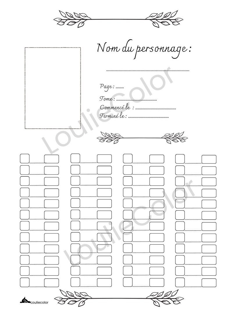 K&ouml;nnte beinhalten: Ein schwarz-wei&szlig;es Charakter-Tracking-Blatt mit einem rechteckigen Feld f&uuml;r eine Illustration, dem Text Nom du personnage, Page, Tome, Commenc&eacute; le und Termin&eacute; le sowie Reihen kleiner leerer K&auml;stchen und dekorativen Blattr&auml;ndern.