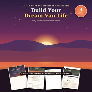 May include: A digital toolkit titled Build Your Dream Van Life: The Complete Conversion Toolkit, featuring four files including a guide, cost tracker, checklists, and build sequence, displayed against a purple and orange sunset landscape graphic.