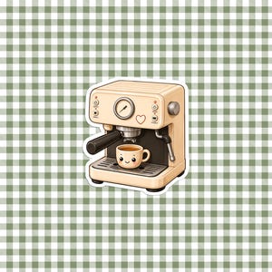 May include: A cream-colored espresso machine with a black portafilter and a small, smiling coffee cup on the drip tray. The machine features a circular pressure gauge, a small heart icon, and various control buttons labeled with icons.