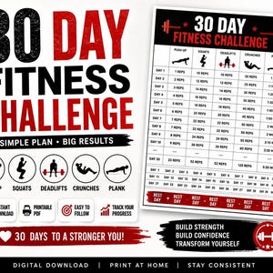 30 Day Fitness Challenge Printable | Workout Tracker PDF | Home Gym Exercise Planner | Push Up Squat Plank Challenge | Instant Download