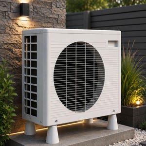 Può includere: Un'unità di climatizzazione esterna bianca dotata di una grande griglia frontale circolare con lamelle orizzontali, una ventilazione laterale rettangolare e quattro piedini di supporto conici. L'unità ha un design pulito e squadrato.