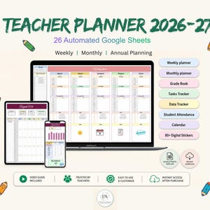 May include: A digital teacher planner 2026-27 for Google Sheets featuring a laptop, tablet, and smartphone displaying weekly, monthly, and annual planning layouts. Includes buttons for grade books, task trackers, and attendance, plus 80+ digital stickers.