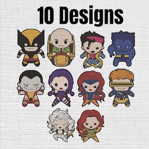 Può includere: Una collezione di 10 Designs con personaggi ricamati in stile chibi. Il set include figure con caratteristiche distintive come maschere gialle e nere, pelliccia blu, capelli rossi e visiere, tutte realizzate in uno stile grafico piatto.