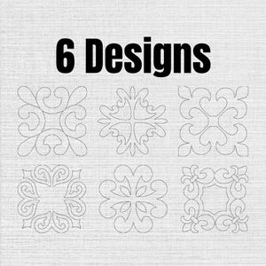 Pode incluir: Um gráfico digital apresentando o texto 6 Designs em letras pretas em negrito no topo, posicionado acima de seis padrões de linhas pretas distintos dispostos em duas fileiras de três, cada um exibindo motivos simétricos e florais.