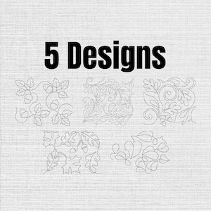 May include: A digital graphic featuring the text 5 Designs in bold black letters above five distinct black line art patterns. The patterns consist of continuous line drawings of oak leaves, acorns, and swirling botanical flourishes on a white background.