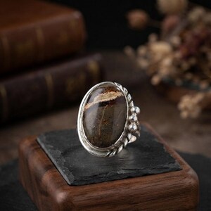 Anillo ovalado de jaspe de 21 x 14 mm, hecho a mano en plata de ley 925, anillo llamativo de jaspe natural, joyería bohemia con piedras preciosas, talla 11 de EE. UU.