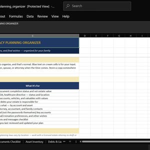 Peut inclure: Un tableur numérique intitulé Estate & Legacy Planning Organizer présentant un guide des onglets avec dix sections, dont le tableau de bord, l'inventaire des actifs, les dettes, les passifs, les bénéficiaires et les dernières volontés.