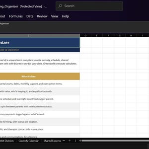 Puede incluir: Una hoja de cálculo digital titulada Divorce & Co-Parenting Organizer. La interfaz muestra una página de bienvenida con instrucciones sobre cómo usar el libro de trabajo, incluyendo una tabla que enumera pestañas como Dashboard, Asset & Debt Division.