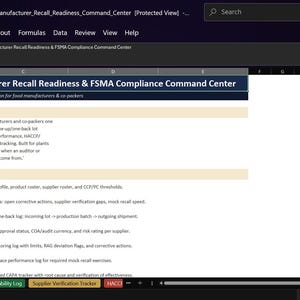 May include: A digital spreadsheet titled Food & Beverage Manufacturer Recall Readiness & FSMA Compliance Command Center. The document includes sections for What This Workbook Does and a Tab Guide listing six categories for tracking.
