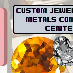 May include: A pink calculator next to a rectangular sign with the text CUSTOM JEWELRY FINE METALS COMMAND CENTER. Below the sign are a large round yellow gemstone, a heart-shaped clear gemstone, a small purple flower, and a round red gemstone.