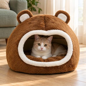 May include: A brown, plush, bear-shaped pet bed with a white-lined opening and two small ears on top. A light-colored cat with white and orange fur is resting inside the soft, fuzzy enclosure, which features a rounded design and textured fabric.