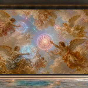 Baroque Angel Ceiling Art Print, Celestial Geometry Canvas Wall Decor, Vintage Poster Style Spiritual Abstract Painting for Living Room or B