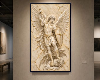 May include: A rectangular wall art piece featuring a relief sculpture of an angel with large wings, armor, a sword, and a shield, standing over a figure. The background is a light beige marble texture with gold-colored cracks throughout.