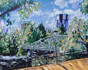 Garden Landscape Postcard, Water Tower Art, 4x6 Scenic Painted Postcard