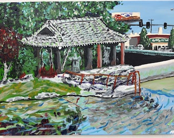 Japanese Garden Painting, Original Landscape Art, Bridge Wall Decor, Hand-Painted Japanese-Inspired Artwork (27.5" x 21.5")