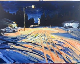 Original Winter Landscape Painting, Snowy Night Scene, Blue Acrylic Wall Art (24" x 18")