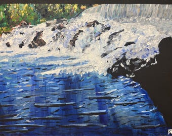 Original Impressionist Waterfall Painting, Blue River Landscape Art (24" x 18")