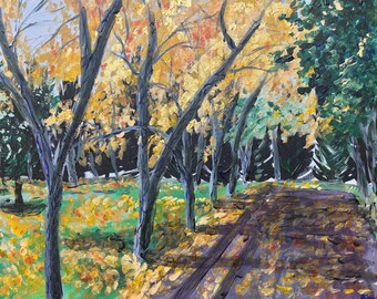 Autumn Landscape Postcard, Impressionist Fall Trees, Woodland Path Art (6x4)