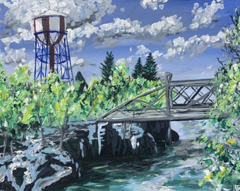 Water Tower Bridge Postcard, Scenic Landscape Art, 4x6 Painted Nature Postcard
