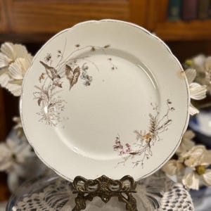 May include: A round, off-white ceramic plate with a scalloped edge and a silver-toned rim. The plate features delicate, muted-tone botanical illustrations of small birds, leaves, and wildflowers scattered across the surface in brown and pink.