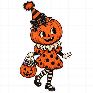May include: A cartoon illustration of a pumpkin-headed character wearing a black and orange striped party hat with a pom-pom, a ruffled collar, and an orange dress with black polka dots. The character holds a small orange jack-o'-lantern candy bucket.