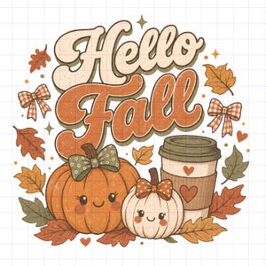 May include: A graphic illustration featuring the text Hello Fall in a retro font. The design includes two smiling pumpkins with bows, a coffee cup with heart icons, and scattered autumn leaves on a grid background in shades of orange and brown.