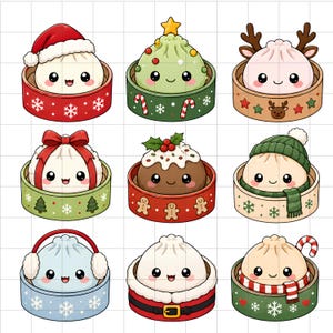 May include: A set of nine illustrations featuring cute, anthropomorphic steamed buns in bamboo steamers. Each bun displays a different holiday theme, including Santa hats, reindeer antlers, scarves, and festive patterns like snowflakes and gingerbread men.
