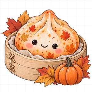 May include: A cartoon dumpling with a smiling face and rosy cheeks, decorated with orange and red autumn leaf patterns, sits inside a round wooden bamboo steamer basket next to a small orange pumpkin and scattered fall leaves.