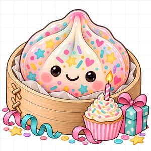 Puede incluir: Una ilustración de una empanadilla con acabado brillante e iridiscente, decorada con estrellas, corazones y chispas de colores, con una cara sonriente. Está en una vaporera de bambú junto a un cupcake con una vela encendida y un regalo.
