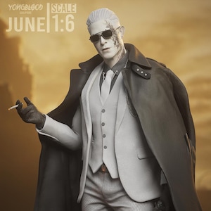 May include: A 1:6 scale collectible figure of a character with pale skin, wearing dark sunglasses, a light gray suit with a matching vest and tie, and a long black overcoat. The figure holds a cigarette and features text reading YONGBLOOD SCULPTURE JUNE 1:6.
