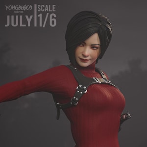 May include: A 1/6 scale collectible figure of a character with short black hair, wearing a red ribbed turtleneck dress and a black leather-style harness with silver buckles. Text in the upper left corner reads YONGBLOOD SCULPTURE JULY 1/6.