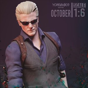 May include: A 1:6 scale collectible figure of a blonde character wearing dark sunglasses, a purple button-down shirt, and a grey vest with a brown shoulder holster. The text YONGBLOOD SCULPTURE OCTOBER 1:6 is visible in the upper right corner.