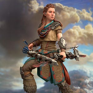 May include: A detailed figurine of a warrior with braided red hair, wearing a tan tunic, layered skirt, and fur-trimmed boots. The figure holds a mechanical bow with blue-fletched arrows and features a necklace of blue and red beads.
