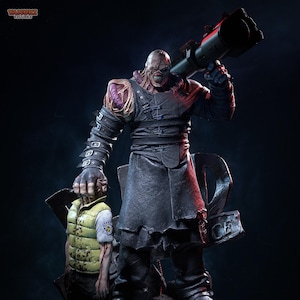 May include: A detailed resin statue featuring a large, muscular humanoid figure in a dark leather coat and straps, holding a rocket launcher on one shoulder. The figure stands over a smaller person in a yellow vest, with text reading TANUKI FIGURES.