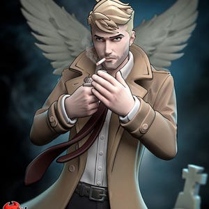 May include: A stylized figurine of a blonde man with large feathered wings, wearing a tan trench coat over a white shirt and dark tie. The figure has a cigarette in their mouth and is holding a silver lighter. Text reads PATREON H3LL CREATOR.