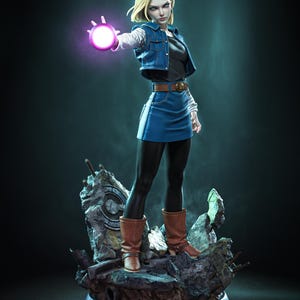 May include: A collectible figure of a blonde character wearing a blue denim vest, black shirt, blue denim skirt, and brown boots. The figure stands on a rocky base and holds a glowing purple energy sphere in one hand. The text Tanuki Figures is visible.