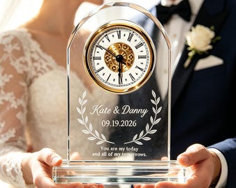 Custom Wedding Vow Clock Crystal Plaque, Personalized Anniversary Gift with Engraved Name,Date & Custom Vows, Gifts for newly married friend