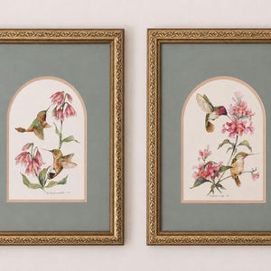 May include: Two framed wall art prints featuring watercolor illustrations of hummingbirds and pink flowers. Each print is set within an arched border on a sage green mat, enclosed in an ornate gold frame with a textured leaf pattern border.