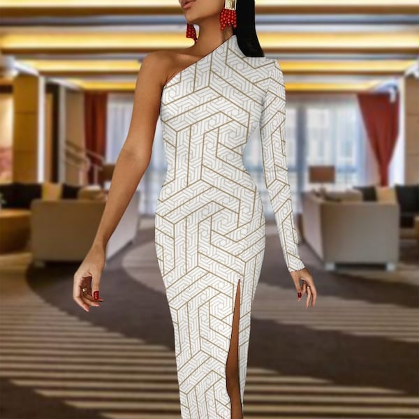 Asymmetric Geometric Evening Gown: Exquisite One-Shoulder Dress for Weddings and Galas