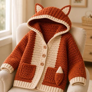 May include: A rust-orange and cream-colored crochet hooded cardigan featuring fox-inspired details. The garment includes a hood with pointed ears, three brown buttons down the front, two front pockets, and a small fox tail attached to one pocket.