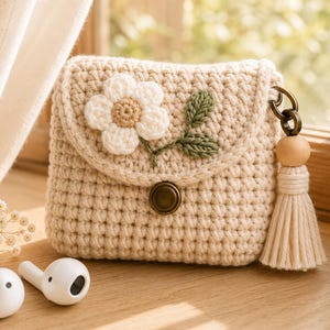 Crochet Earbuds Case Pattern: Daisy Snap Pouch, Keychain Tassel (PDF Download)