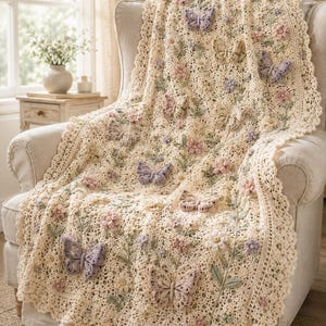 Può includere: Una coperta all'uncinetto color crema con un intricato motivo traforato, decorata con applicazioni tridimensionali di farfalle color pastello nelle tonalità lavanda, rosa e beige, insieme a piccoli motivi floreali e steli verdi.