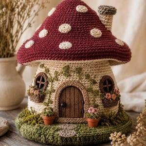 May include: A crocheted mushroom house featuring a deep red cap with cream-colored spots and a beige base. The structure includes a central wooden door, two small windows with flower boxes, green vine embroidery, and a green crocheted base.