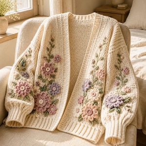Könnte beinhalten: Eine cremefarbene Strickjacke mit offener Vorderseite und dreidimensionalen Häkelblumen in Rosa-, Lavendel- und Grüntönen. Das Kleidungsstück hat lange Ärmel mit gerippten Bündchen und ein strukturiertes Strickmuster über den gesamten Körper.