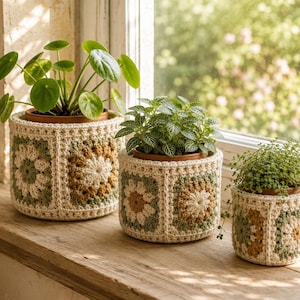 May include: Three potted plants in cylindrical crochet covers featuring a granny square pattern in cream, sage green, and mustard yellow yarn. The covers are textured and fit snugly around the terracotta pots, displaying a floral motif design.