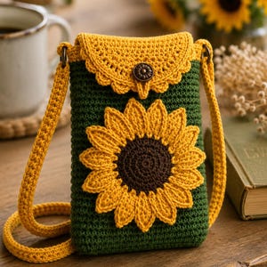 May include: A dark green crochet crossbody bag featuring a large, textured yellow sunflower appliqué on the front. The bag has a yellow scalloped flap secured with a round bronze-toned button and a matching yellow crochet shoulder strap.