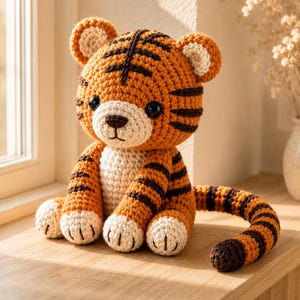 Könnte beinhalten: Ein gehäkeltes Tiger-Stofftier aus orangefarbenem Garn mit dunkelbraunen Streifen, einem cremefarbenen Bauch, einer Schnauze und Pfoten, runden schwarzen Augen und einer kleinen braunen gestickten Nase. Der Tiger sitzt mit einem langen gestreiften Schwanz.