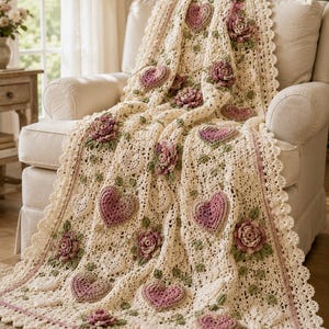 May include: A cream-colored crochet blanket featuring three-dimensional pink heart motifs and layered floral embellishments in shades of pink and green. The blanket has an intricate openwork pattern and a scalloped border edge throughout the design.